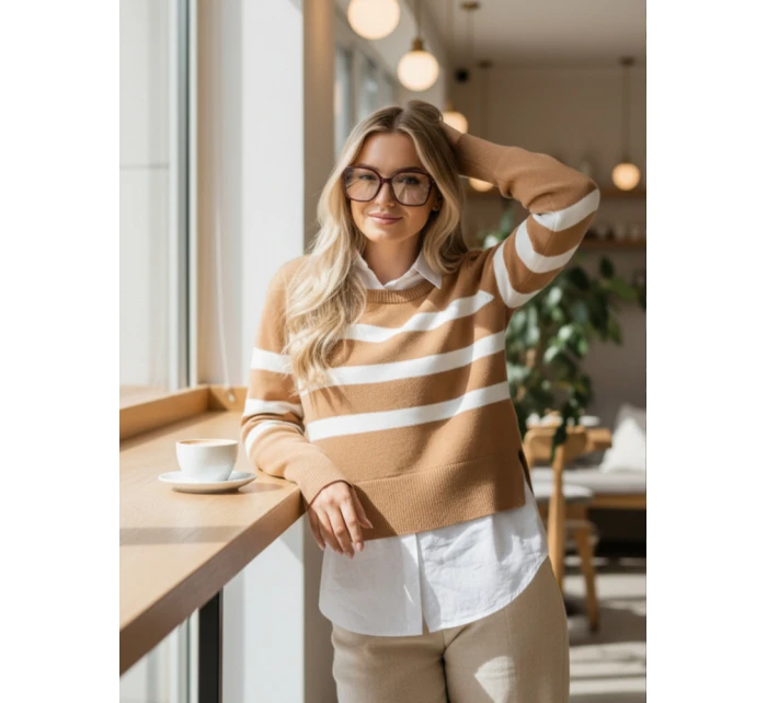 Dámský pruhovaný svetr ASTRIDA camel FashionStreet MY2226