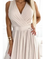 Dlouhé béžové dámské šaty s výstřihem a zavazováním na zádech model 20173916 - numoco Dlouhé béžové dámské šaty s výstřihem a zavazováním na zádech model 20173916 - numoco