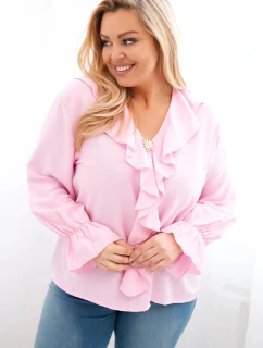 Dámská viskózová blůza Plus Size s volánem a ozdobnou broží model 21886485 růžová - K-Fashion