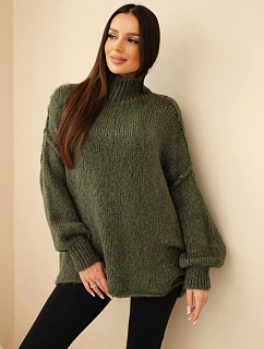 Dámský oversize svetr s přídavkem vlny s rolákem a širokými rukávy khaki