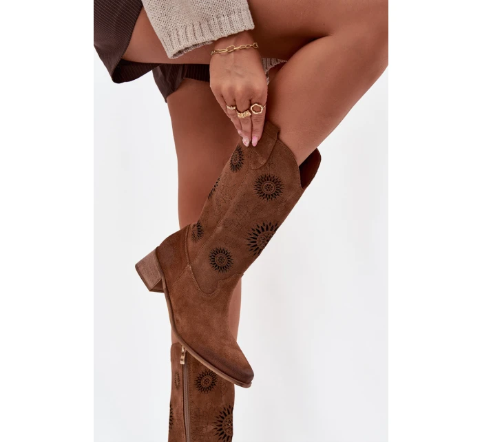 Otevřené dámské kozačky z přírodního semiše na klínu Zazoo 3793 hnědé