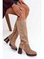 Zateplené dámské kozačky na podpatku s béžové model 21772337 - Boto