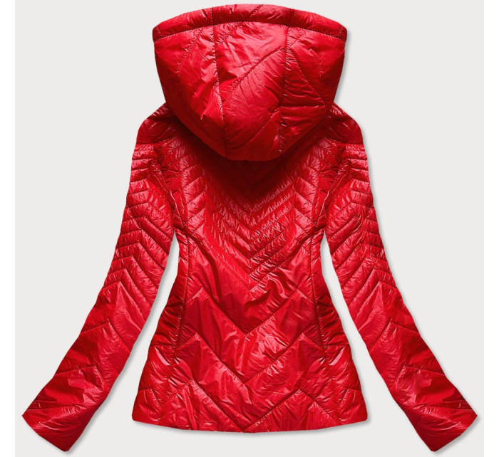 Krátká červená dámská prošívaná bunda s kapucí (B9566)