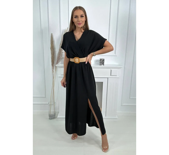 Dlouhé šaty s ozdobným páskem černé