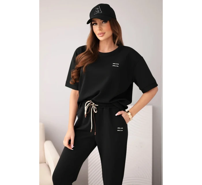Komplet dámský viskózový máslo s krátkým rukávem a kalhotami s model 22010152 nohavicí černý - K-Fashion