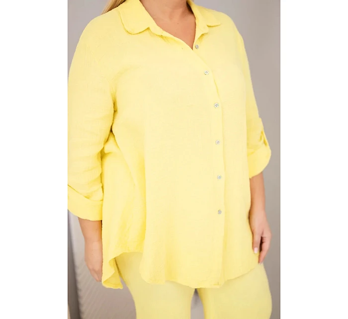 Dámský komplet Plus Size s košilí na knoflíky a kalhotami se širokými nohavicemi žlutý model 22069909 - K-Fashion