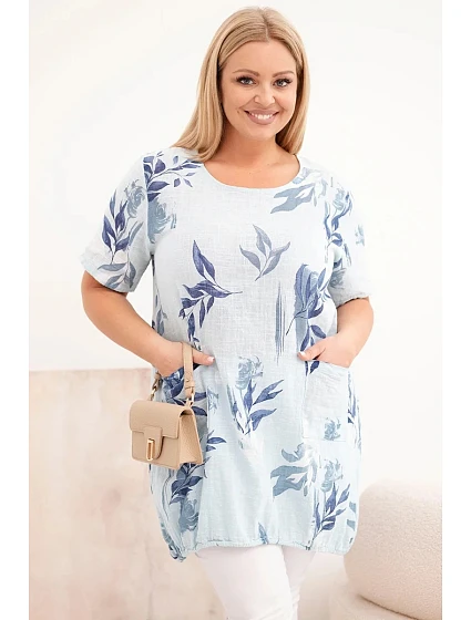 Dámská bavlněná halenka Plus Size s krátkým rukávem a zavazováním dole modrá