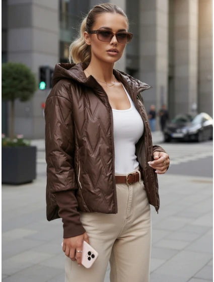 Dámská přechodná prošívaná bunda s kapucí hnědá FashionStreet TY5613