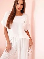 Dámský komplet z viskózy s ozdobným květem a širokými kalhotami - fuchsie bílý