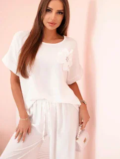 Dámský komplet z viskózy s ozdobným květem a širokými kalhotami - fuchsie bílý