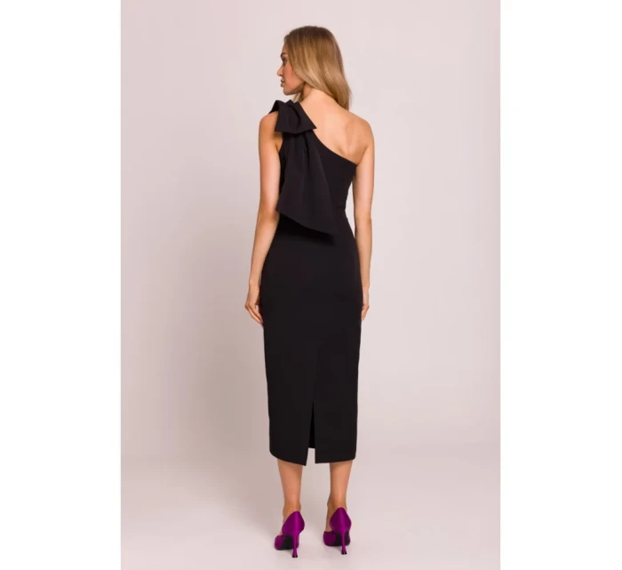 M847 Šaty na jedno rameno s mašlí - černé M847 Šaty na jedno rameno s mašlí - černé