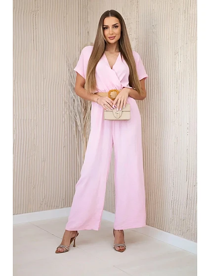 Kombinéza s ozdobným páskem v pase bonbónově růžová