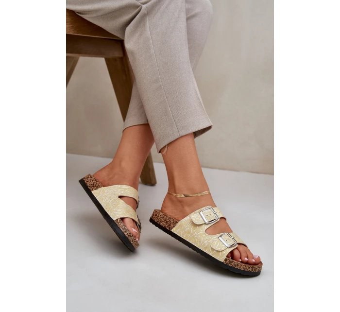 Materiálové pantofle na korkové podrážce s přezkami žluté Atera Materiálové pantofle na korkové podrážce s přezkami žluté Atera