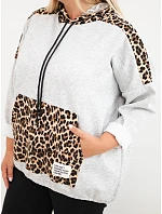 Dámská mikina Plus Size z viskózy s kapucí a leopardími detaily šedá
