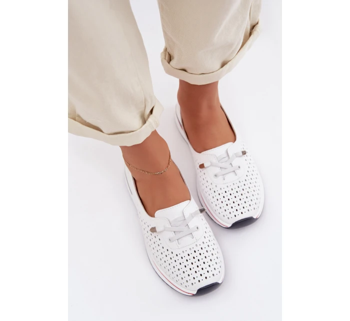 Kožené Ažurové Dámské Polobotky S.Barski LR61-7044 Bílé