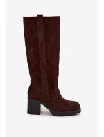 Zateplené dámské kozačky na masivním sloupkovém podpatku Sanelle – čokoládové Zateplené dámské kozačky na masivním sloupkovém podpatku Sanelle – čokoládové