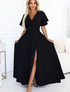 dlouhé šaty s rozparkem na rukávy a výstřihem černé model 21290293 - numoco