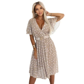 604-3 Smyslné bílé hrachové šaty s obálkovým výstřihem a ozdobným páskem - béžové 604-3 Smyslné bílé hrachové šaty s obálkovým výstřihem a ozdobným páskem - béžové