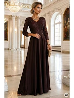 309-14 AMBER elegantní dlouhé krajkové šaty s výstřihem - čokoládové 309-14 AMBER elegantní dlouhé krajkové šaty s výstřihem - čokoládové