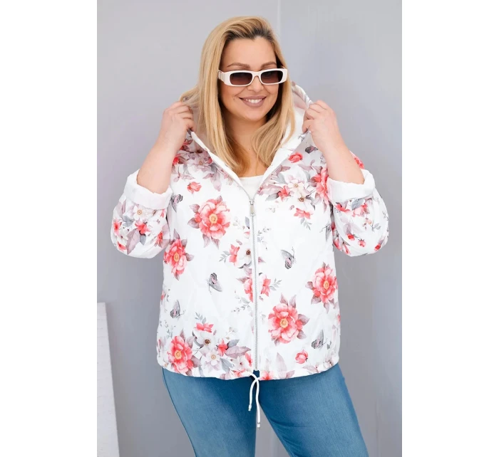 Dámská jarní prošívaná bunda Plus Size s kapucí a květinovým vzorem bílá