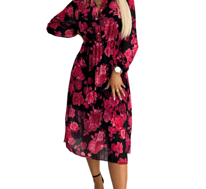CARLA - Černé dámské plisované midi šaty se vzorem červených růží, s knoflíčky a s dlouhými rukávy 449-2