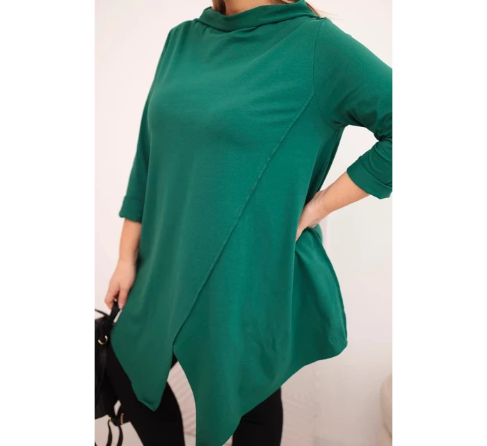 Dámská bavlněná blůza Plus Size asymetrická s ohrnovacím rukávem tmavě zelená