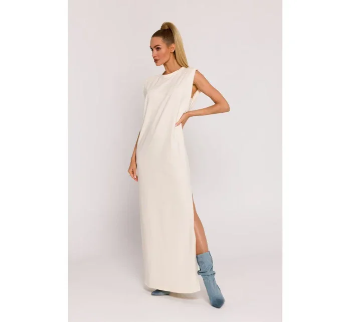 M790 Maxi šaty s vycpávkami na ramenou - krémové