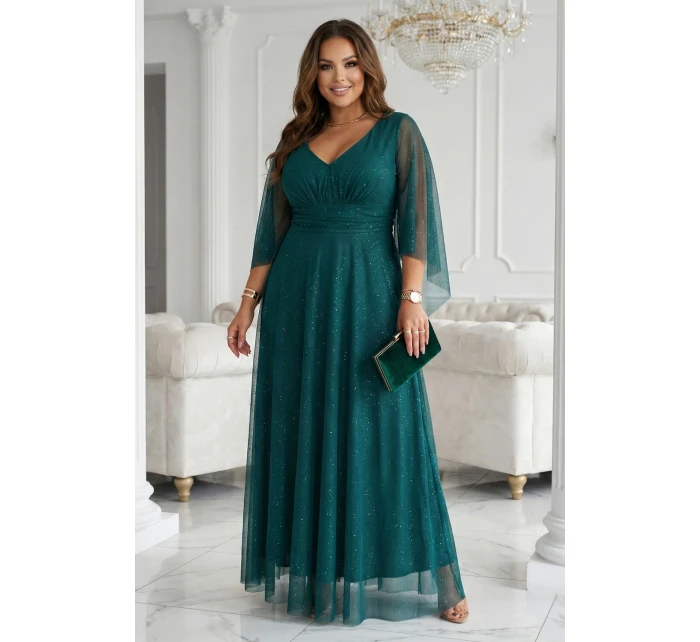 655-2 Dlouhé lehké třpytivé šaty s výstřihem a průhlednými rukávy - smaragdově zelené 655-2 Dlouhé lehké třpytivé šaty s výstřihem a průhlednými rukávy - smaragdově zelené