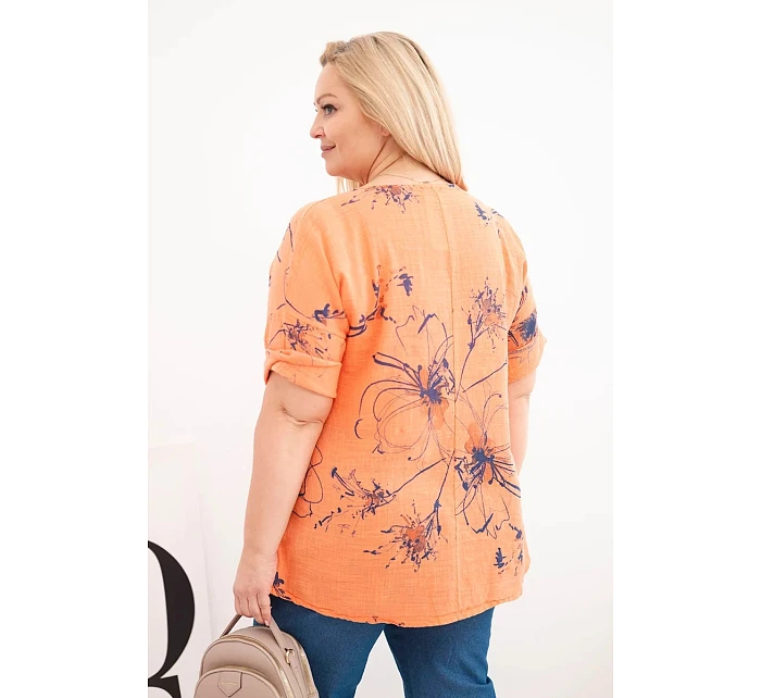 Dámská bavlněná halenka Plus Size s krátkým rukávem a kapsou oranžová
