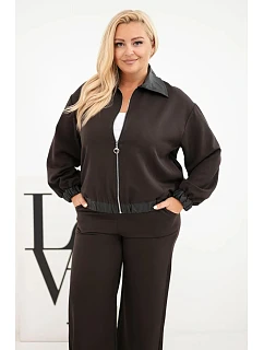 Dámská sada Plus Size se zipovou mikinou a širokými kalhotami hnědý