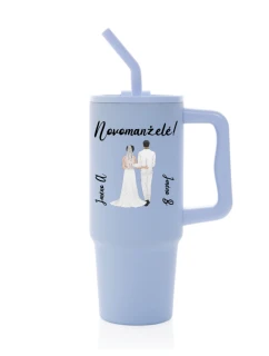 Personalizovaná termoska s barevným víčkem s novomanželským párem 
