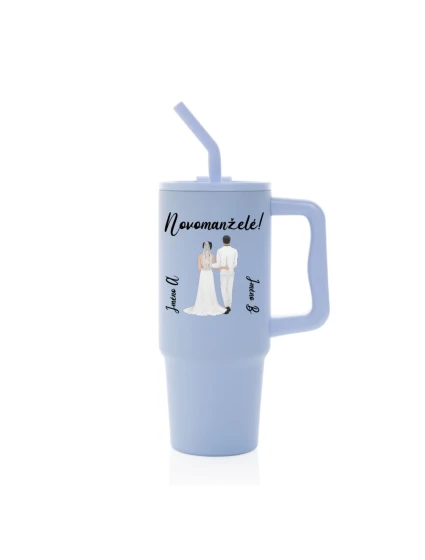 Personalizovaná termoska s barevným víčkem s novomanželským párem 
