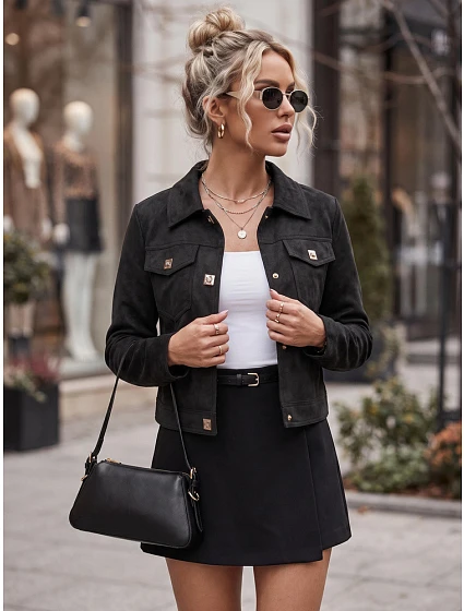 Dámská semišová bunda na druky, černá, FashionStreet TY5880 Dámská semišová bunda na druky, černá, FashionStreet TY5880