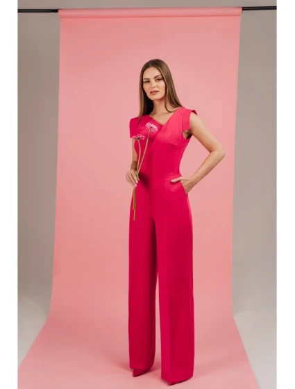 S407 Elegantní overal s asymetrickým výstřihem - růžový