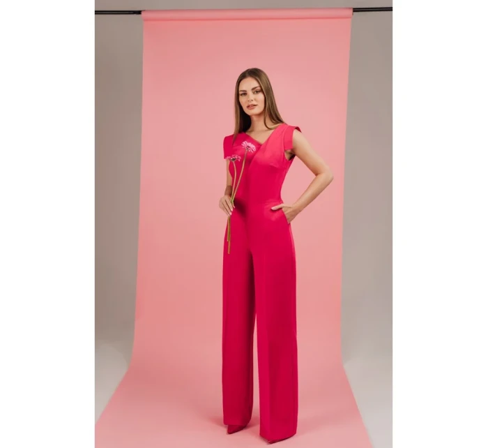 S407 Elegantní overal s asymetrickým výstřihem - růžový