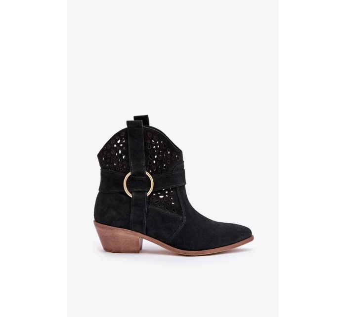 Zamszowe Botki Kowbojki Ażurowe Na Obcasie Zazoo 2994 Czarne Zamszowe Botki Kowbojki Ażurowe Na Obcasie Zazoo 2994 Czarne