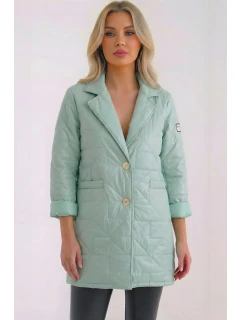 Dámská bunda Plus Size prošívaná s ozdobnými knoflíky a límcem tmavě mátová