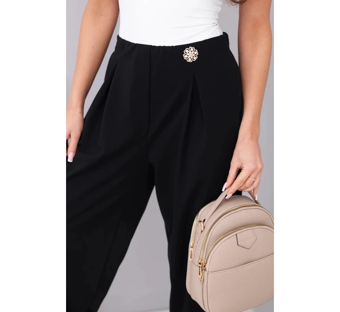 Dámské kalhoty z bavlny s vysokým pasem a ozdobným knoflíkem černé Dámské kalhoty z bavlny s vysokým pasem a ozdobným knoflíkem černé