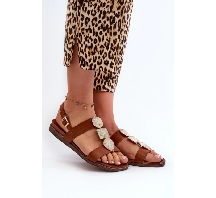 Dámské Ploché Sandály S Ozdobami Sergio Leone SK072H Hnědé Dámské Ploché Sandály S Ozdobami Sergio Leone SK072H Hnědé