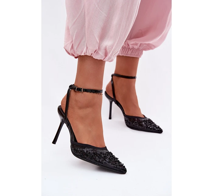 Dámské sandály na podpatku zdobené flitry a korálky Černé Nedira