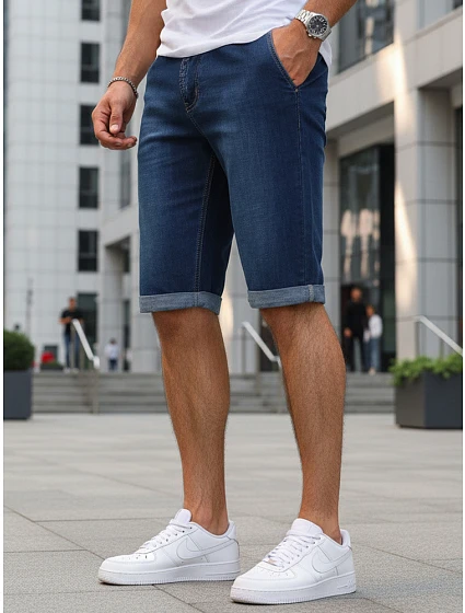 Pánské džínové šortky s elastickým pasem tmavě modré FashionStreet SX2613 Pánské džínové šortky s elastickým pasem tmavě modré FashionStreet SX2613