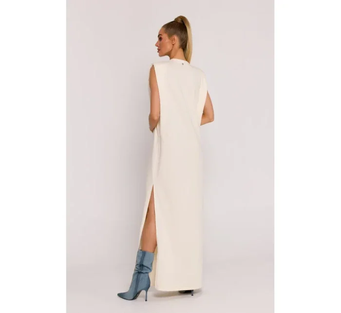 M790 Maxi šaty s vycpávkami na ramenou - krémové