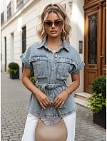 Koszula damska jeansowa z paskiem i krótkim rękawem model 22223058 - FashionStreet Koszula damska jeansowa z paskiem i krótkim rękawem model 22223058 - FashionStreet
