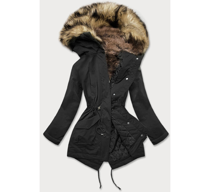 Černá dámská zimní prošívaná bunda s kožešinou (M-137)