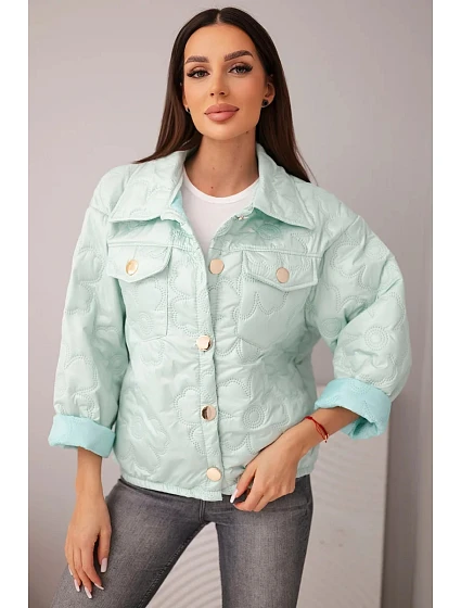 Dámská jarní prošívaná bunda s květinovým vzorem světle mátová