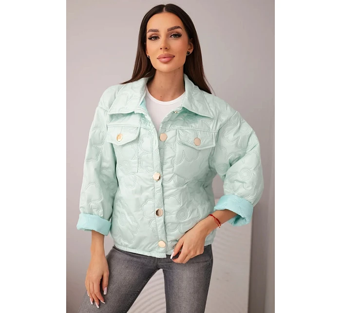 Dámská jarní prošívaná bunda s květinovým vzorem světle mátová