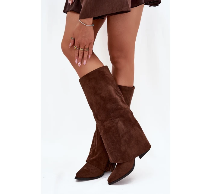 Dámské nazouvací kovbojky Zalia na sloupkovém podpatku s třásněmi – hnědé