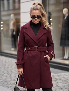 Elegantní dámský kabát s výstřihem a páskem v barvě bordó, FashionStreet NY0786