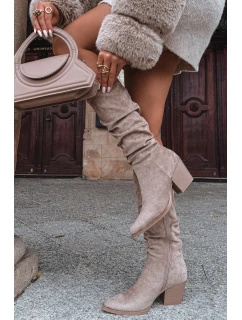 Dámské kozačky s vrásčitou horní částí na podpatku vyhřívané béžové Paelina