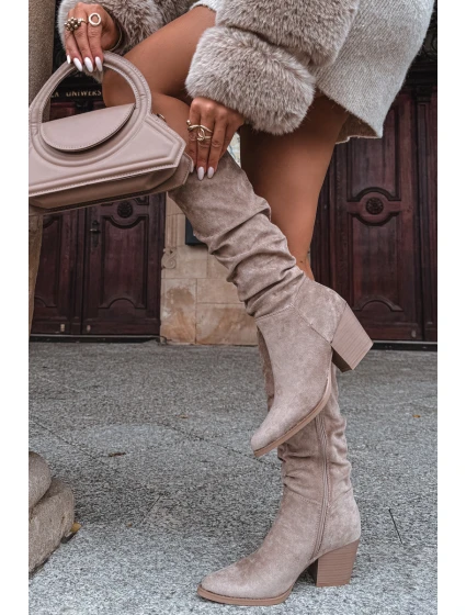 Dámské kozačky s vrásčitou horní částí na podpatku vyhřívané béžové Paelina